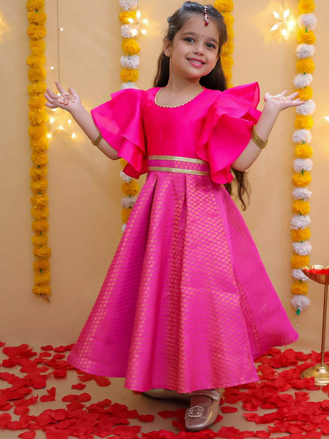 BownBee Half Sleeve Rosebud Twirl Gown For Girls