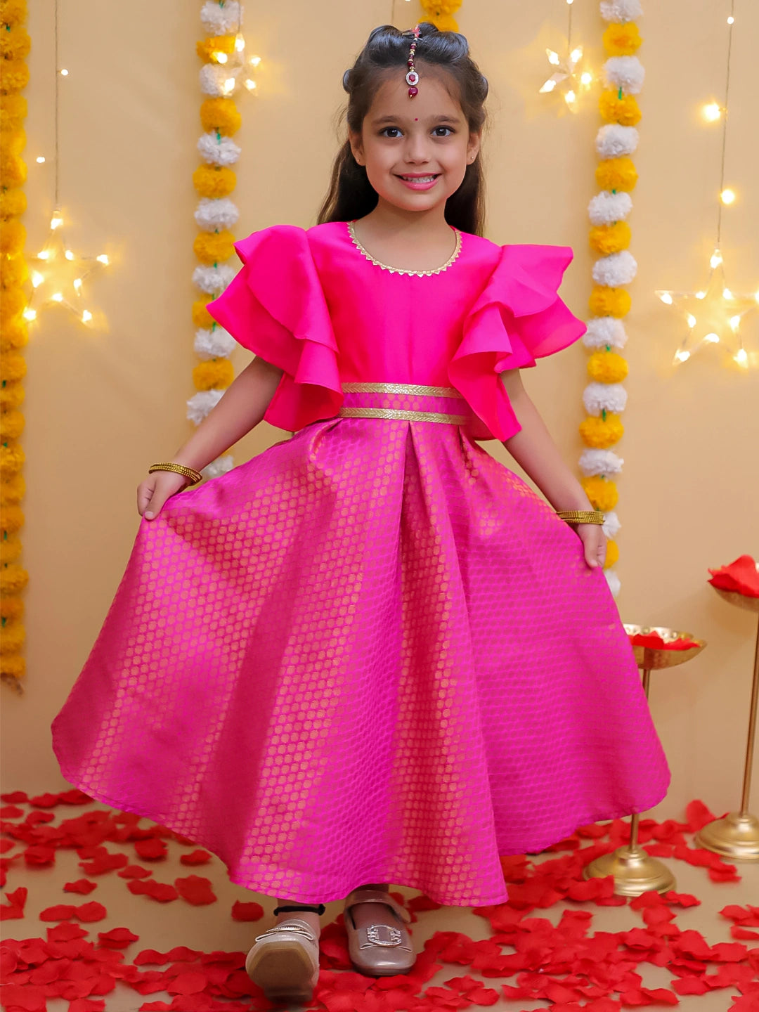 BownBee Half Sleeve Rosebud Twirl Gown For Girls