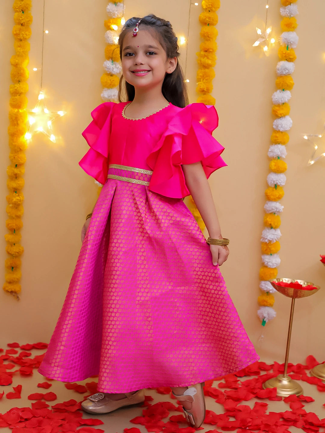 BownBee Half Sleeve Rosebud Twirl Gown For Girls