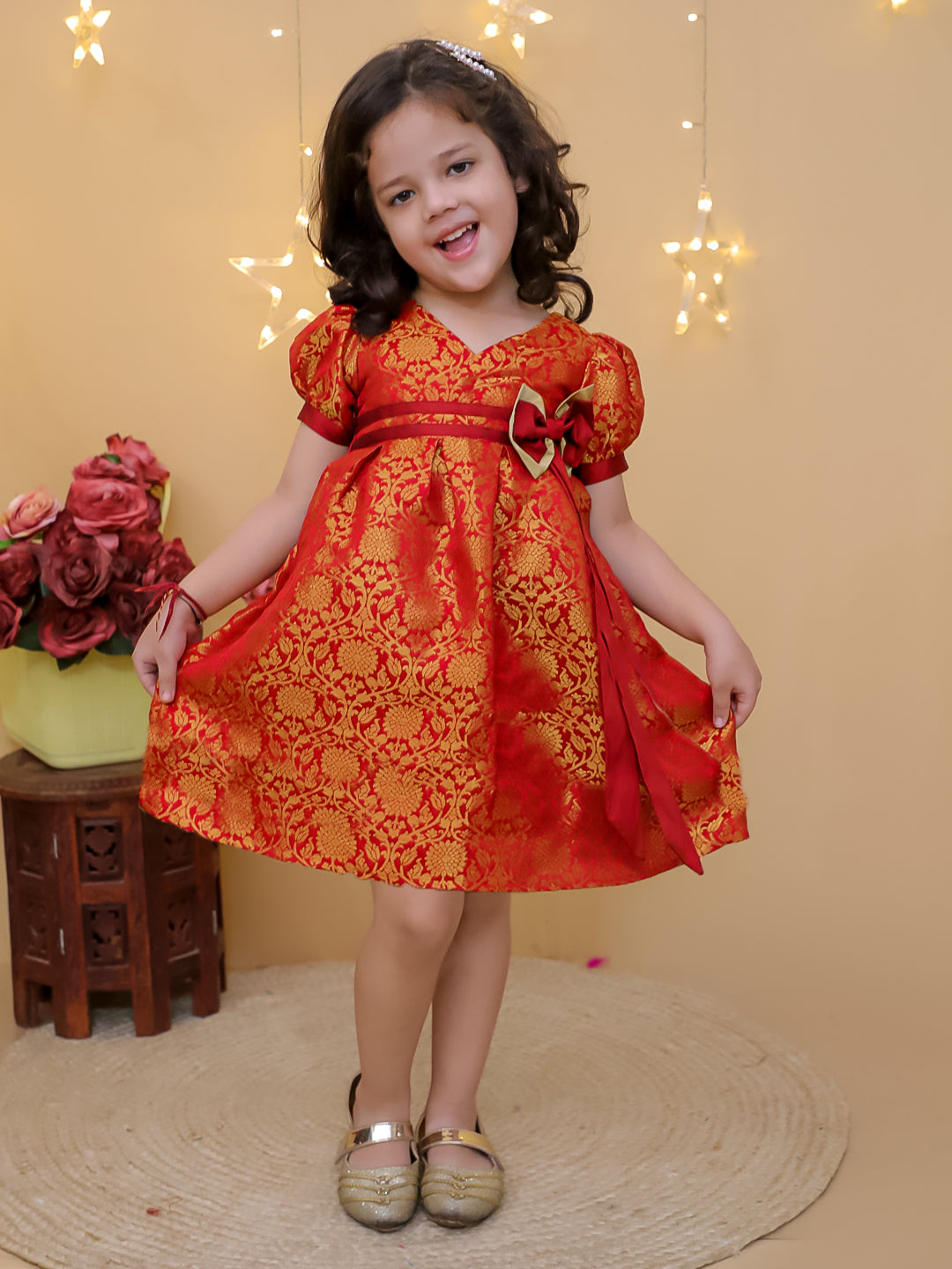 BownBee Party Puff Sleeve Jacquard Ethnic Wear Frock - Purple