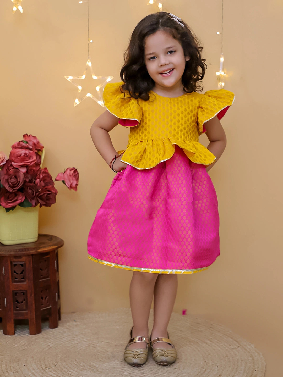 BownBee Ruffle Sleeve Golden Glow Frock For Girls