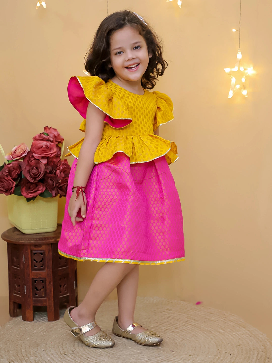 BownBee Ruffle Sleeve Golden Glow Frock For Girls
