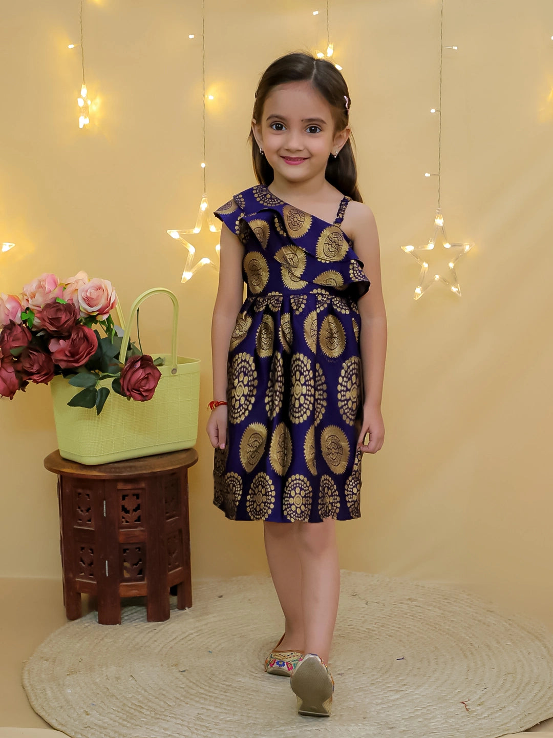 BownBee Party One Shoulder Ethnic Wear Frock - Green