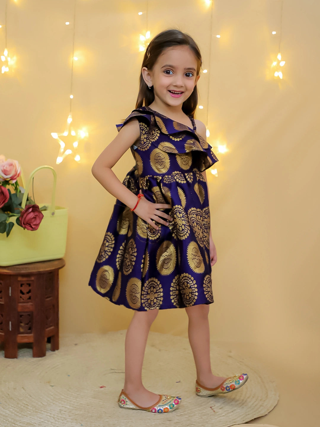 BownBee Party One Shoulder Ethnic Wear Frock - Green