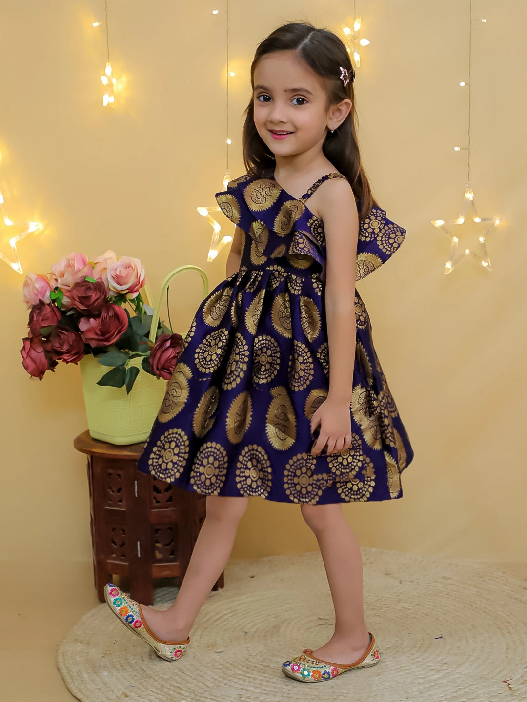 BownBee Party One Shoulder Ethnic Wear Frock - Green