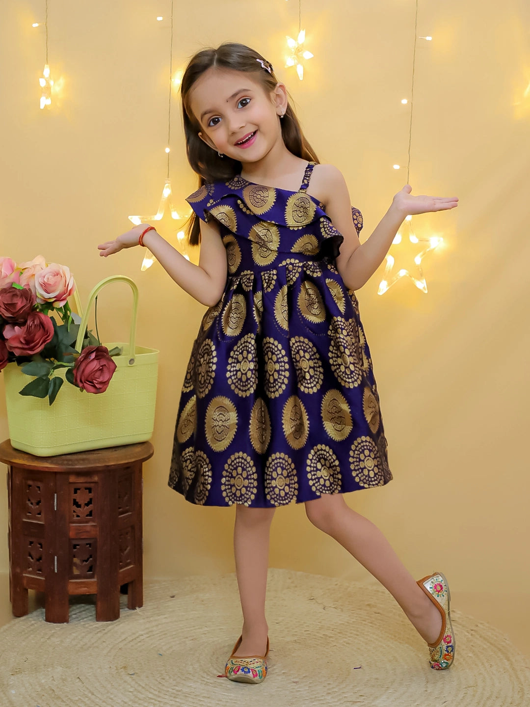 BownBee Party One Shoulder Ethnic Wear Frock - Green