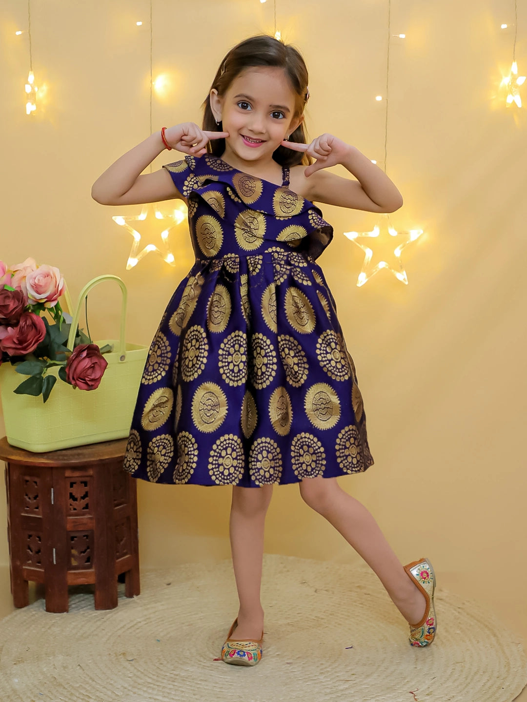 BownBee Party One Shoulder Ethnic Wear Frock - Green