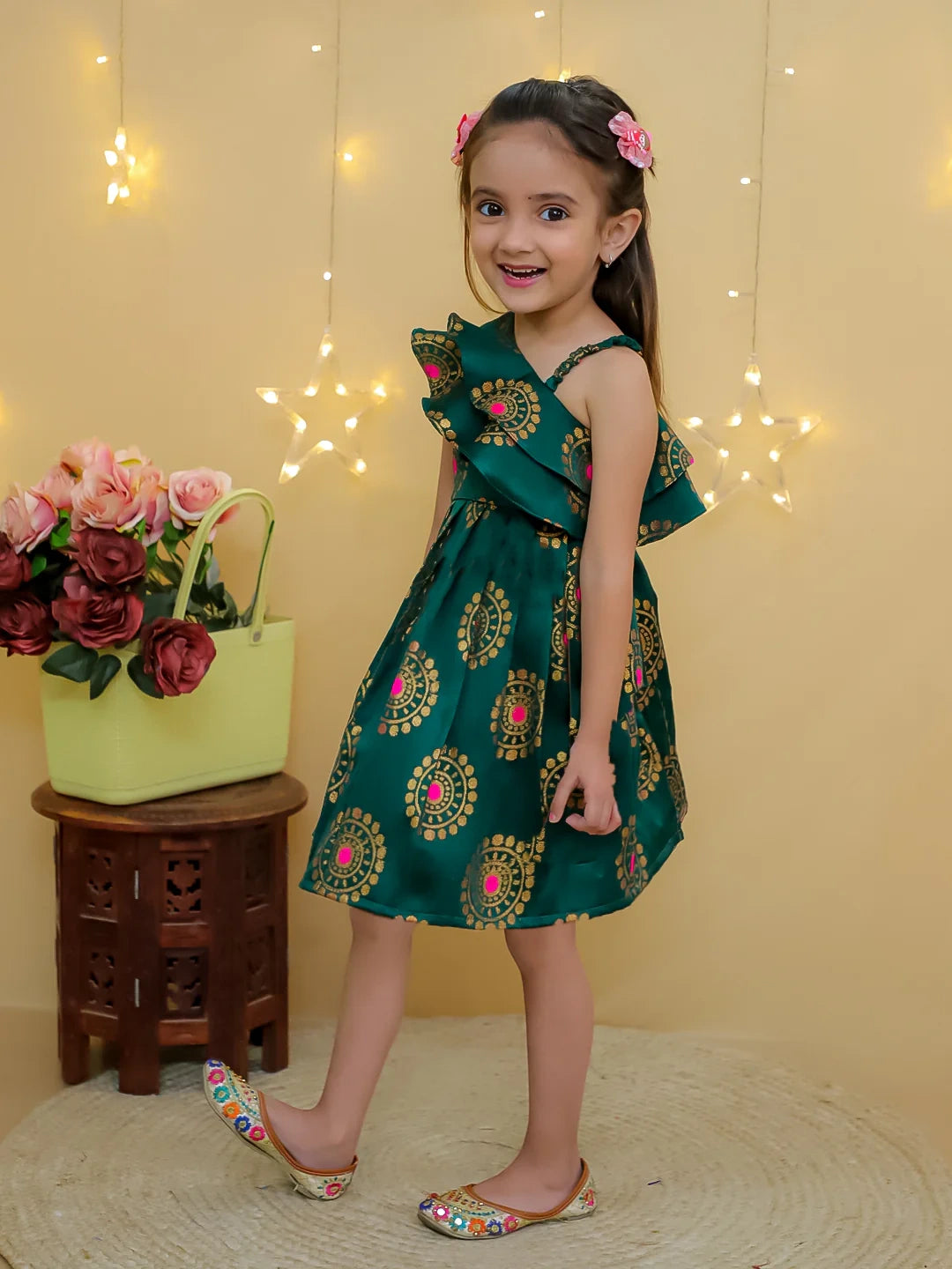 BownBee Party One Shoulder Ethnic Wear Frock - Green