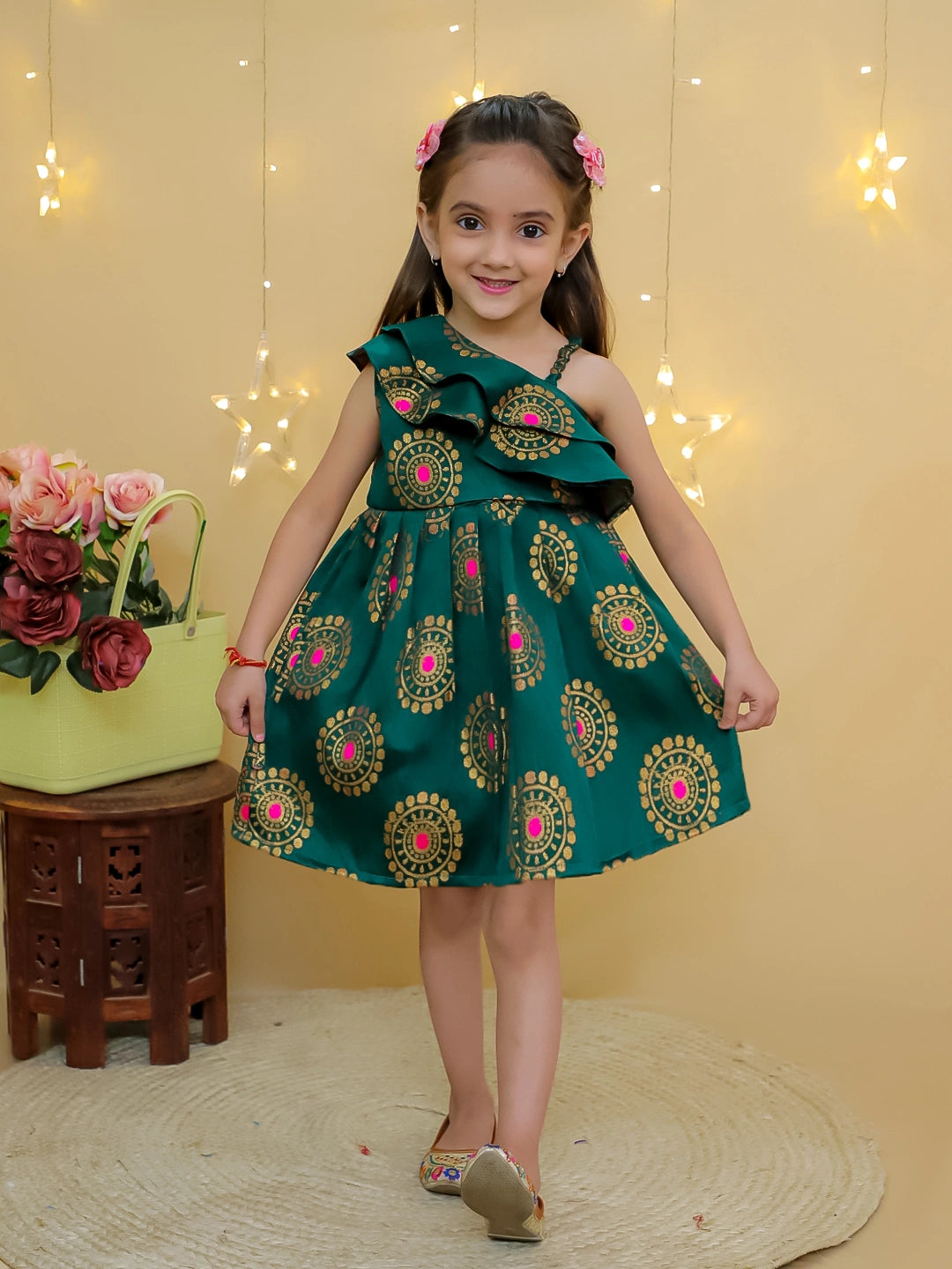 BownBee Party One Shoulder Ethnic Wear Frock - Green