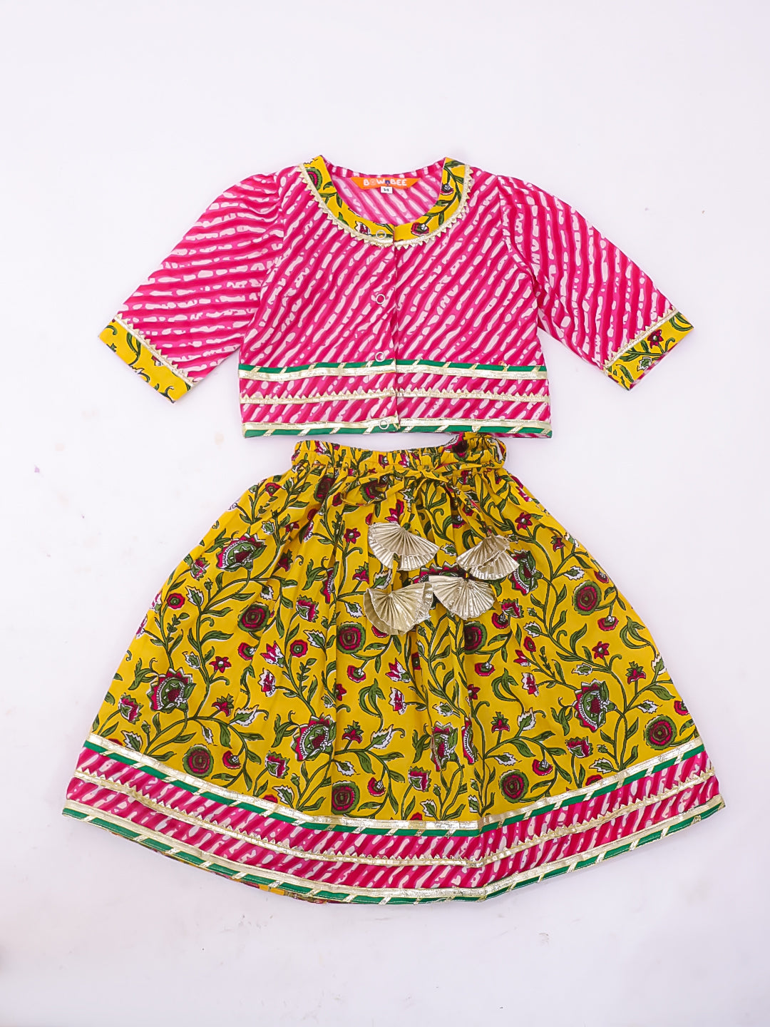 BownBee Pure Cotton Printed Lehenga Choli & Kurta Dhoti Sibling Set For Infants - Pink