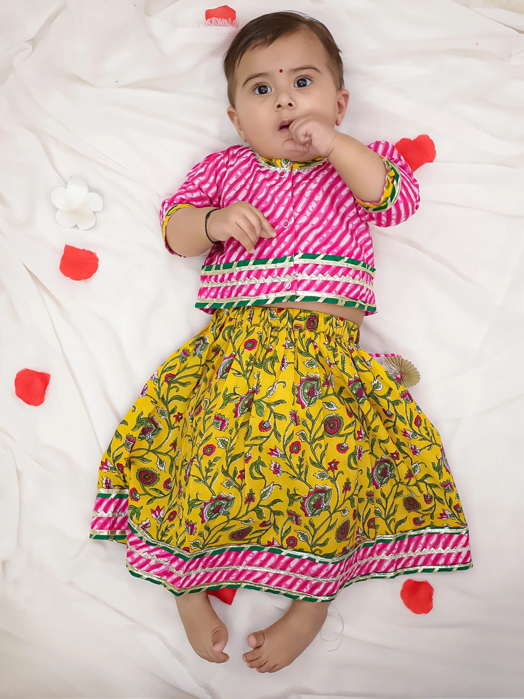 Bownbee Girls Cotton Lehenga Choli For Infants  - Floral - Pink