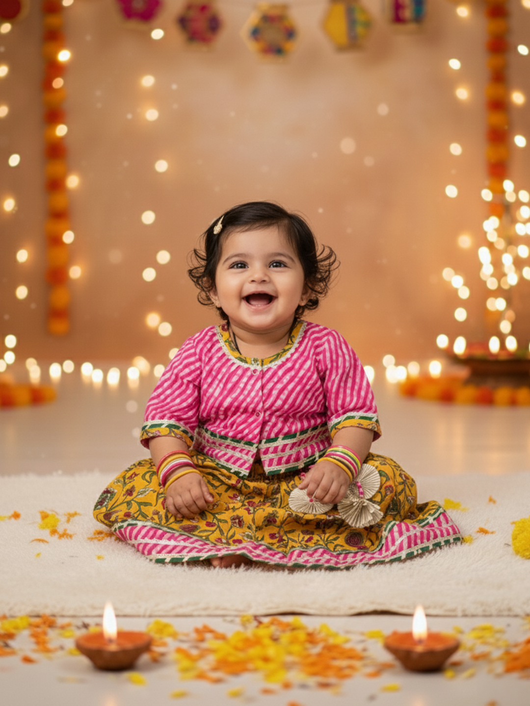 Child in traditional outfit with festive lights and decorations