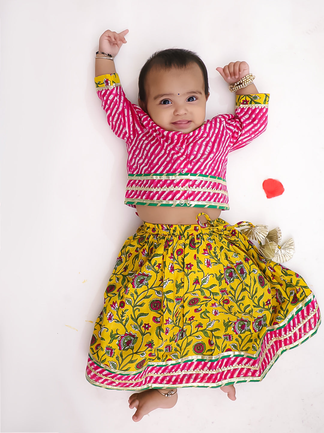 BownBee Pure Cotton Printed Lehenga Choli & Kurta Dhoti Sibling Set For Infants - Pink