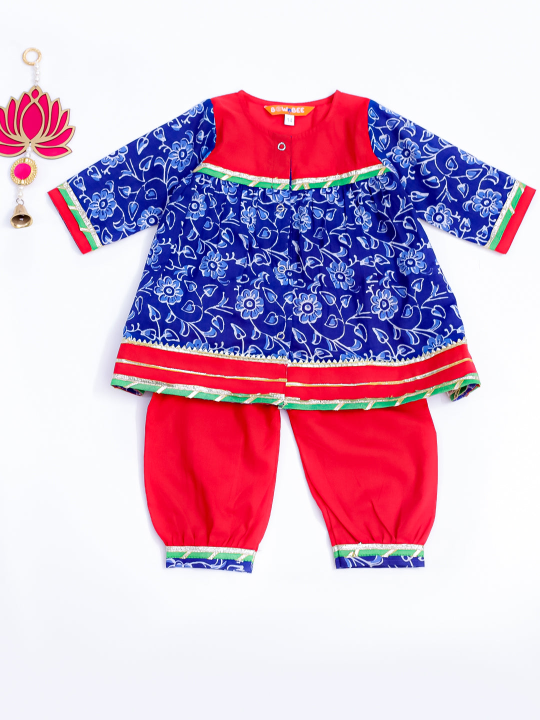 BownBee Festive Long Sleeves Cotton Printed Ethnic Suit Set For Infant Girls - Blue