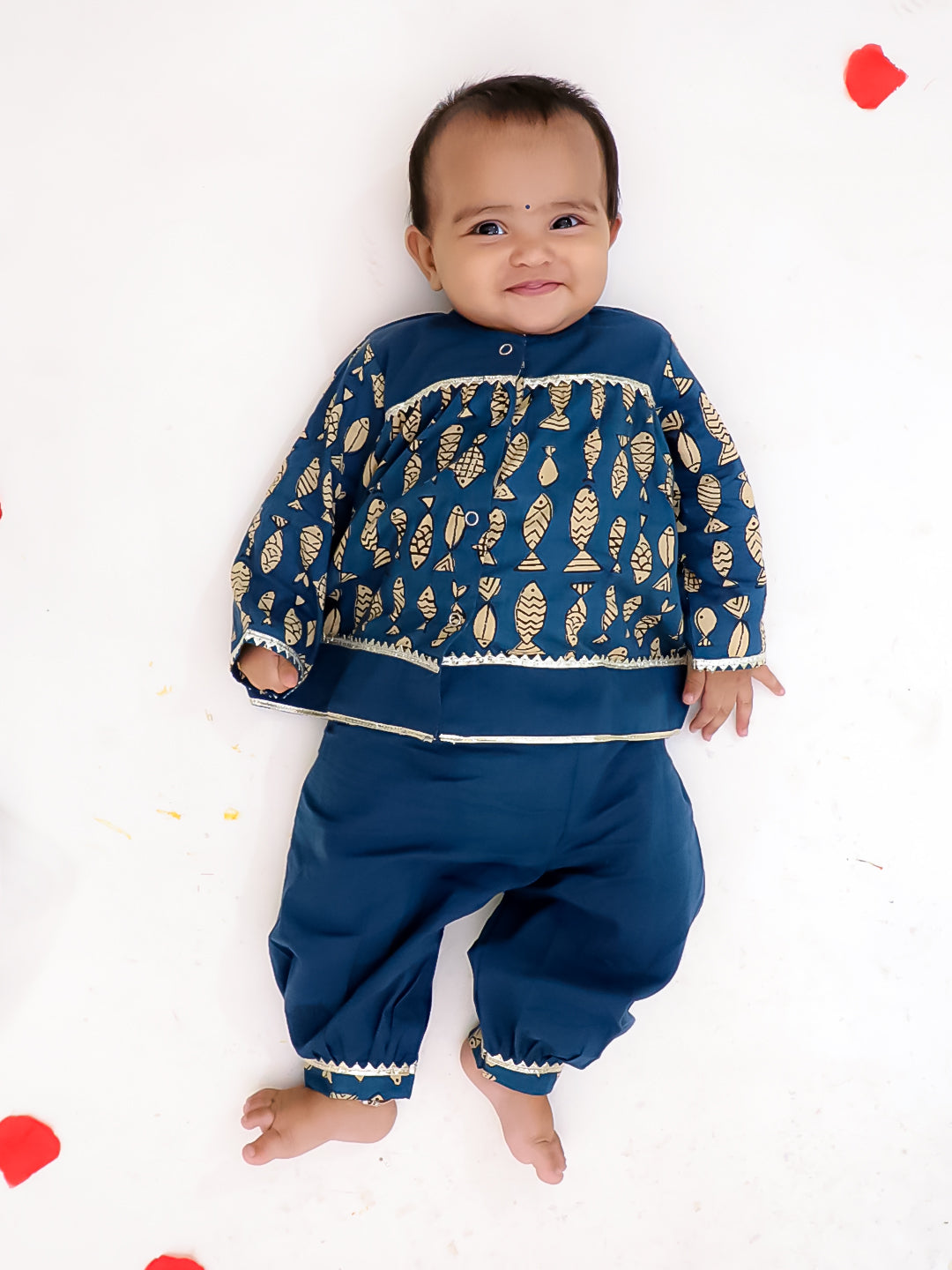 BownBee Festive Full Sleeves  Pure Cotton Suit Set For Infant Girls-Blue