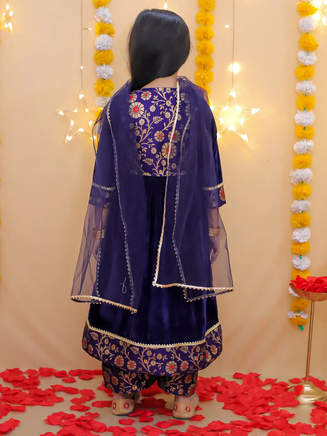 BownBee Wedding Quatersleeves Velvet Jacquard Anarkali Suit Set For Girls