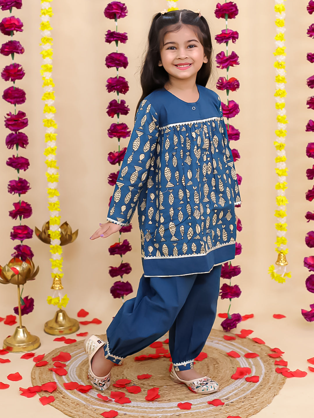 BownBee Festive Full Sleeves  Pure Cotton Suit Set For Girls - Blue