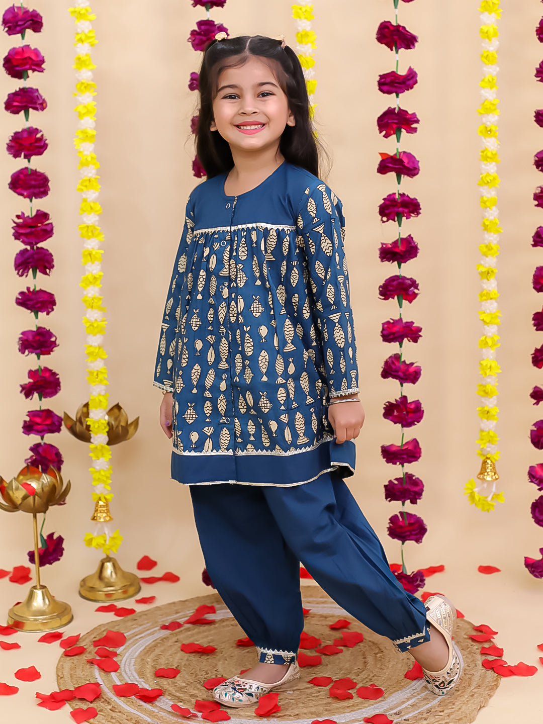 BownBee Festive Full Sleeves  Pure Cotton Suit Set For Girls - Blue