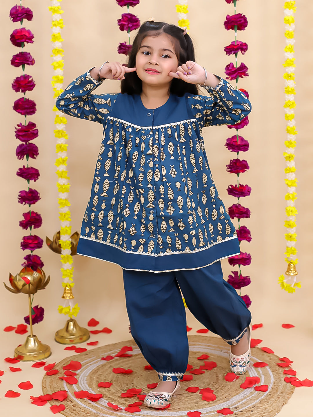BownBee Festive Full Sleeves  Pure Cotton Suit Set For Girls - Blue