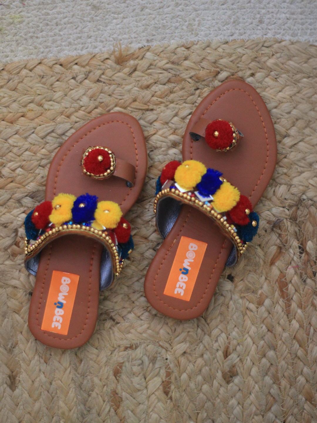 BownBee Pompom Kolhapuri Slippers For Girls