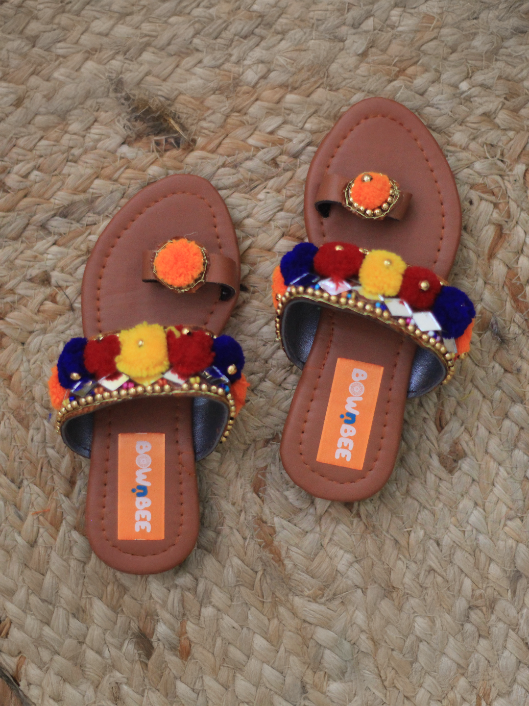 BownBee Pompom Kolhapuri Slippers For Girls