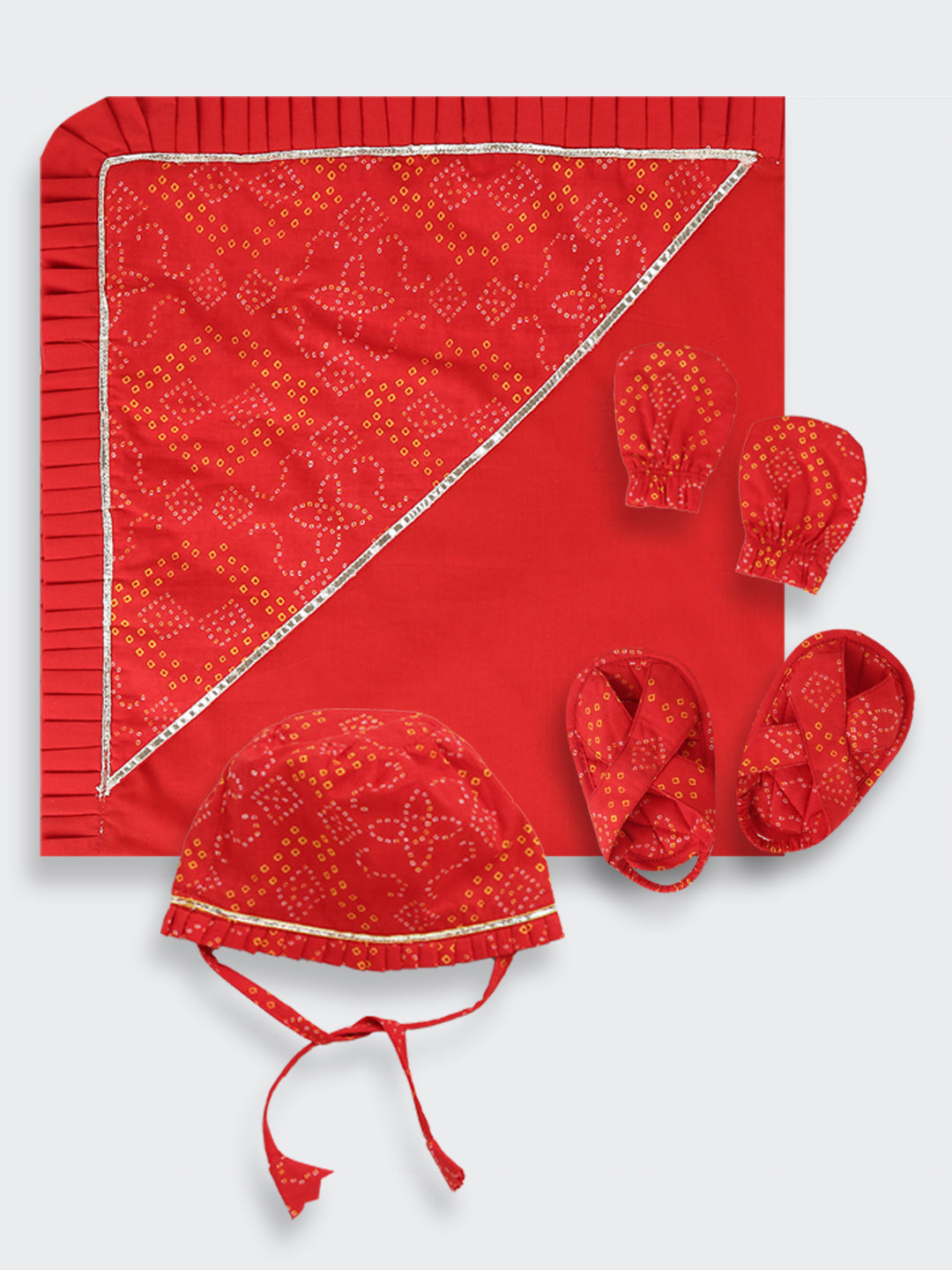 BownBee Pure Cotton Bandhani Printed Baby Gift Set Including Cap , Swaddle, Booties & Mittons - Red