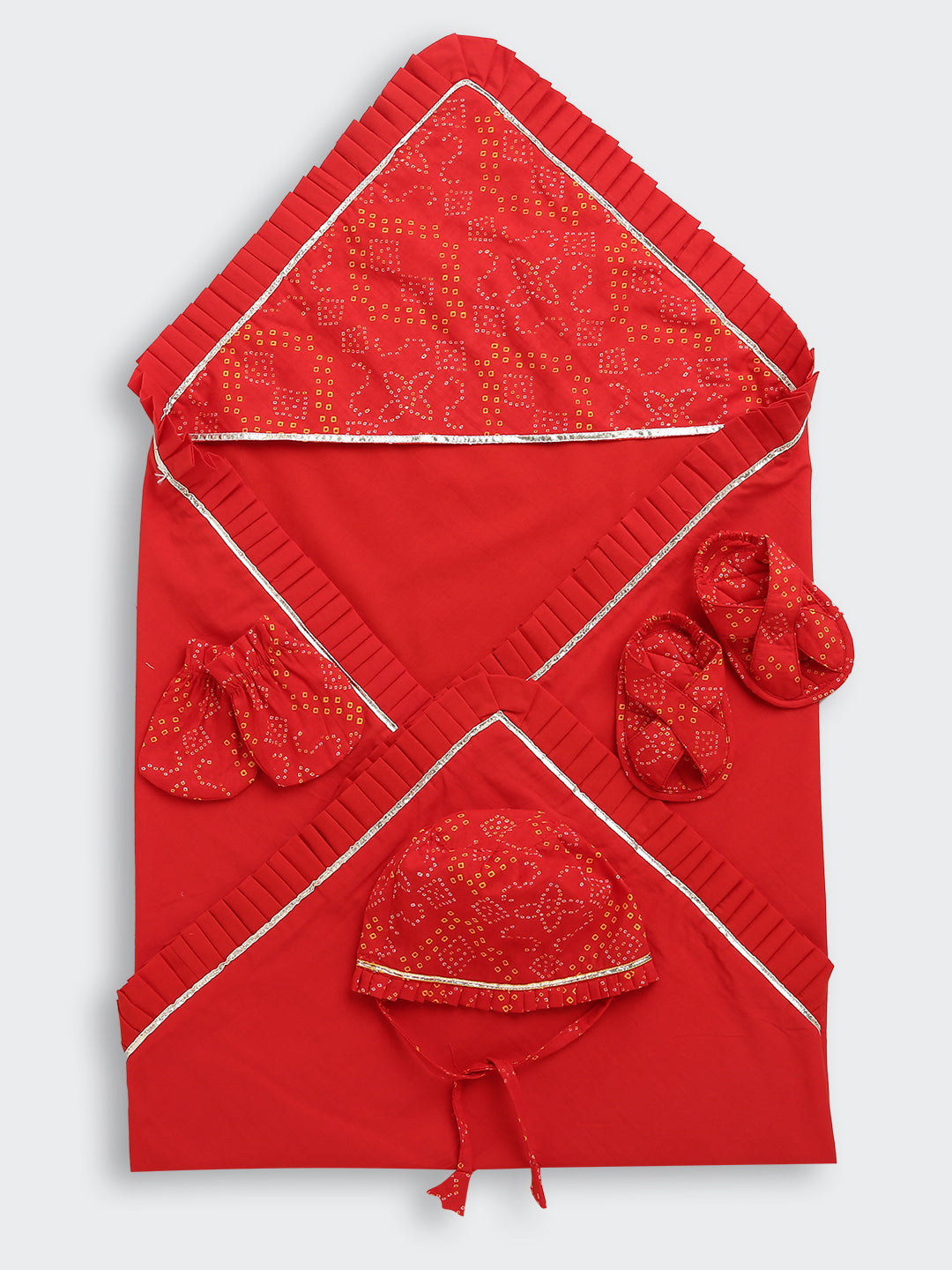 BownBee Pure Cotton Bandhani Printed Baby Gift Set Including Cap , Swaddle, Booties & Mittons - Red