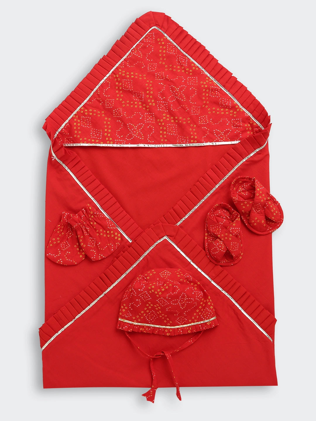 BownBee Pure Cotton Bandhani Printed Baby Gift Set Including Cap , Swaddle, Booties & Mittons