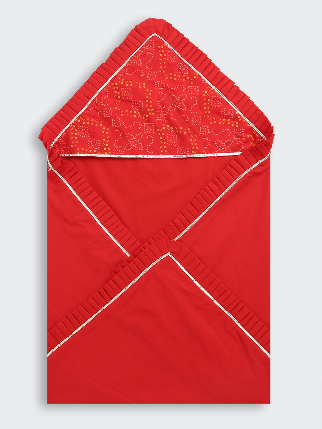 BownBee Pure Cotton Bandhani Printed Baby Gift Set Including Cap , Swaddle, Booties & Mittons - Red