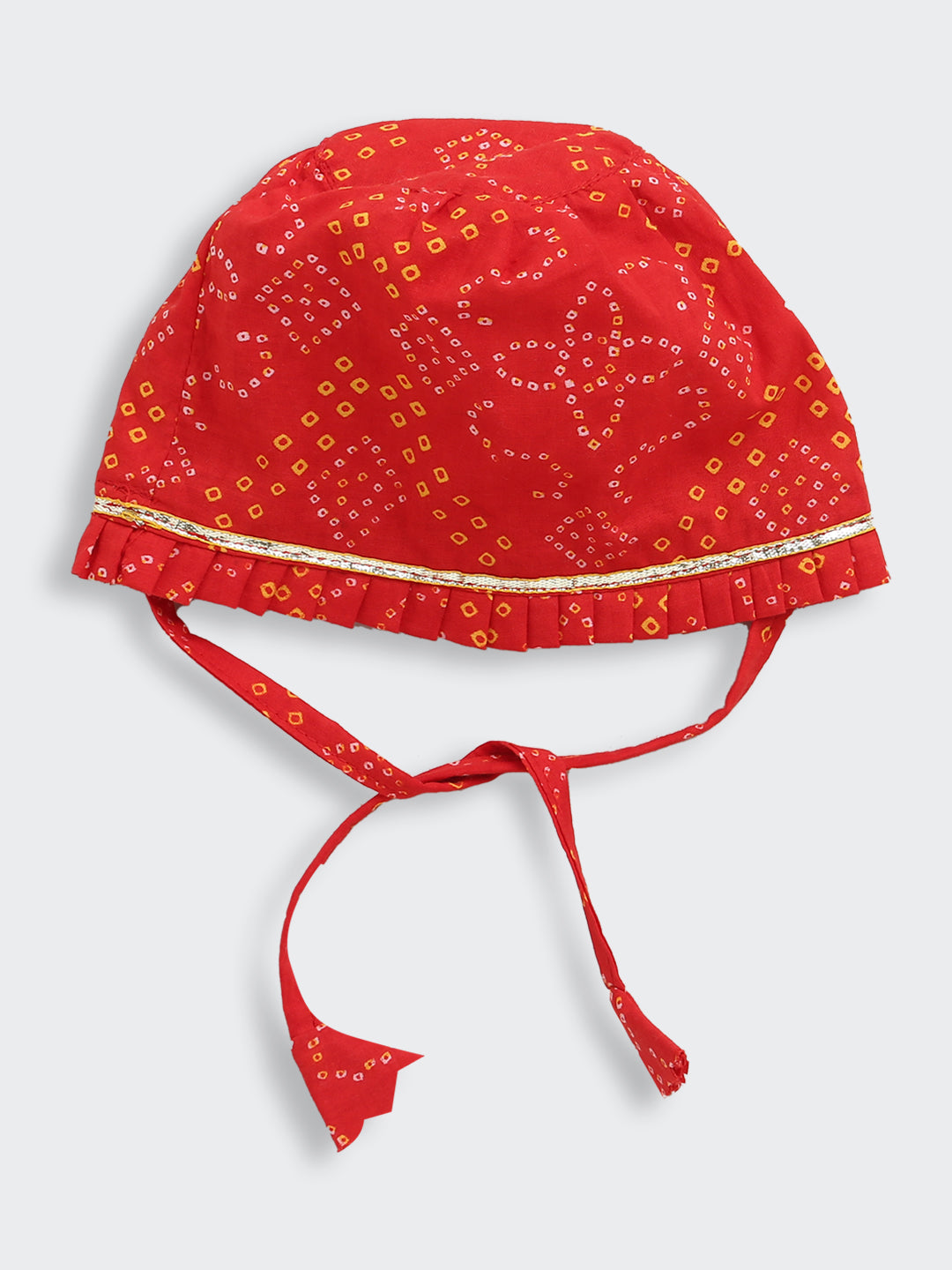 BownBee Pure Cotton Bandhani Printed Baby Gift Set Including Cap , Swaddle, Booties & Mittons - Red