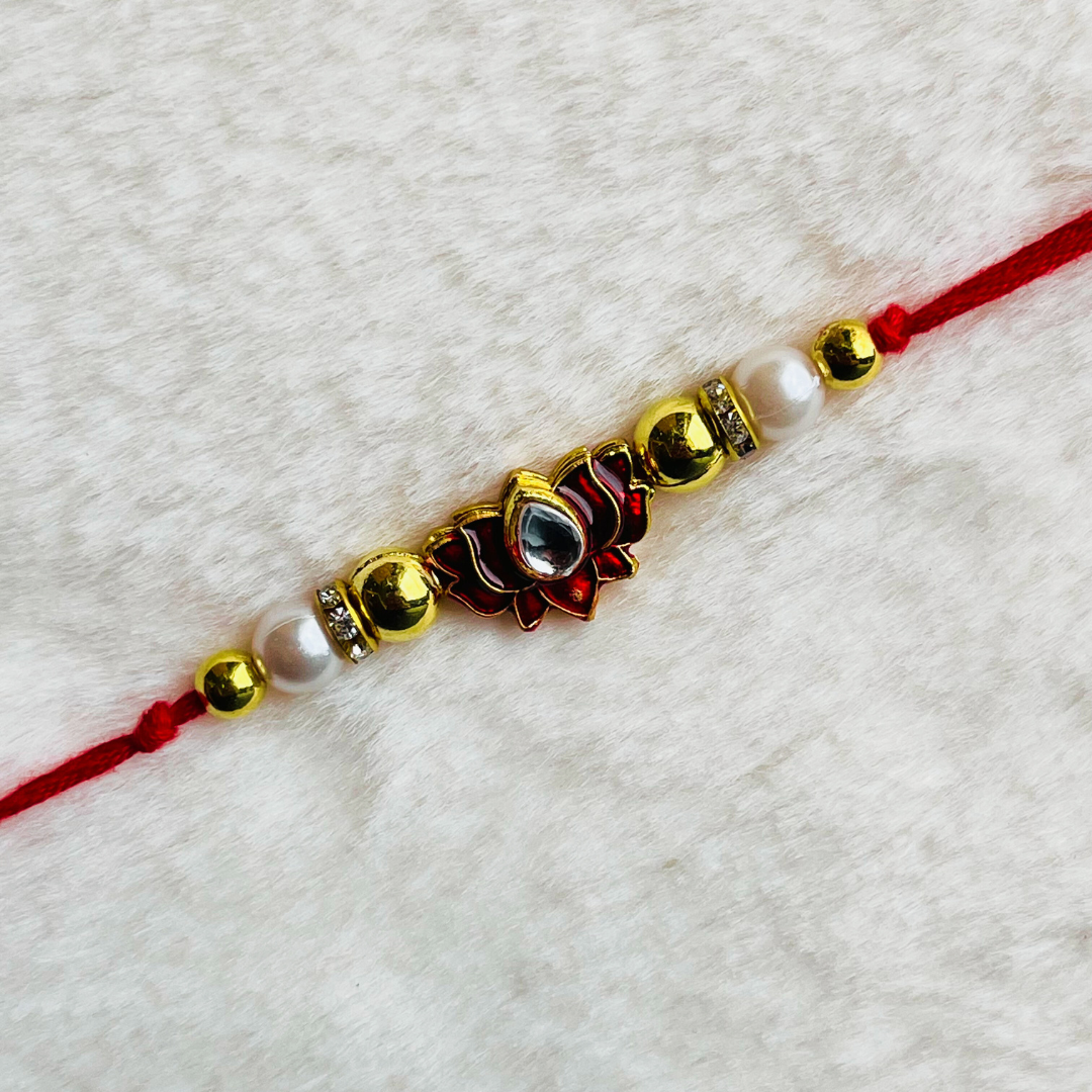 BownBee Meenakari Lotus Thread Rakhi - Red