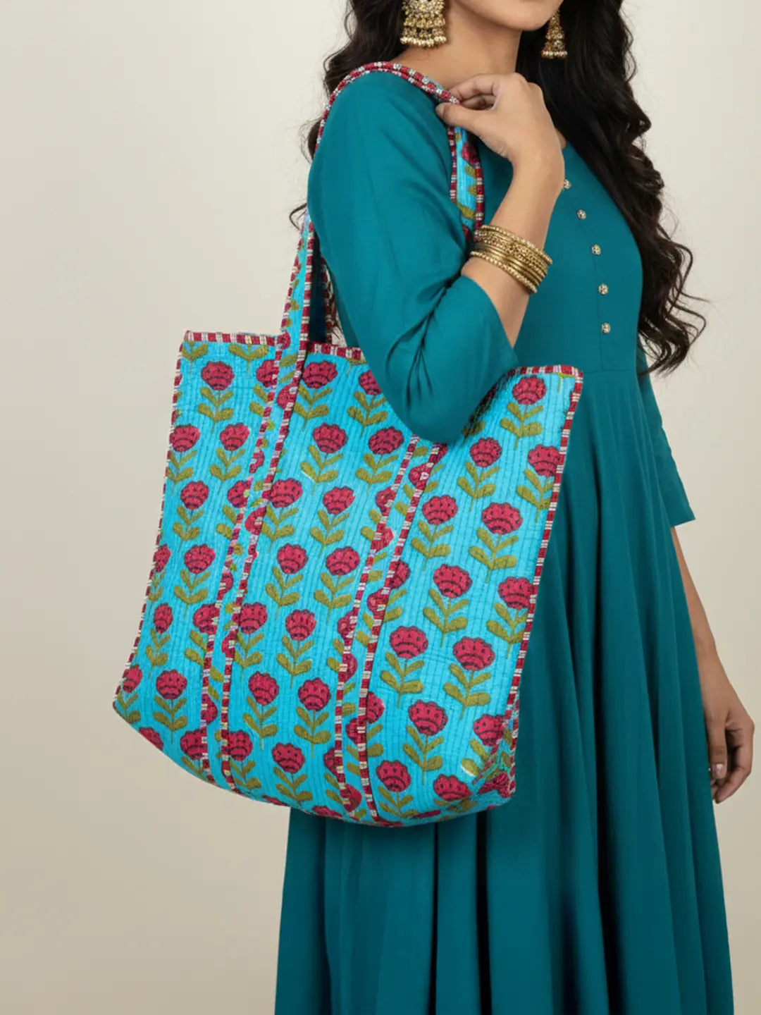 BownBee Pure Cotton Printed Quilted Tote For Women - Purple