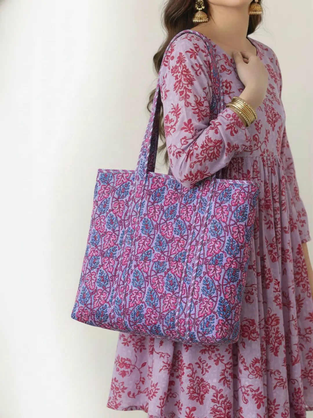 BownBee Pure Cotton Printed Quilted Tote For Women - Purple