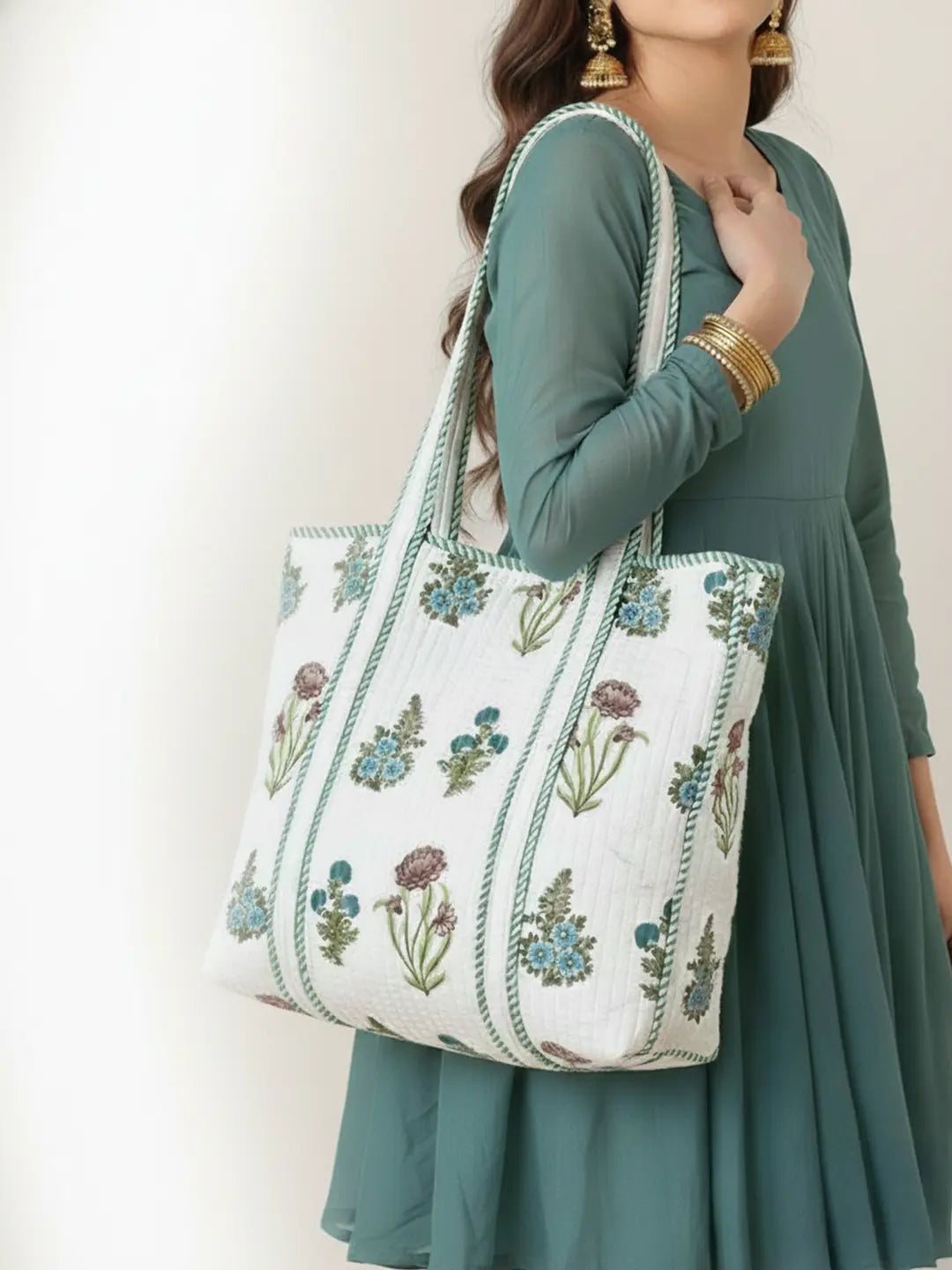 BownBee Pure Cotton Printed Quilted Tote For Women - Purple