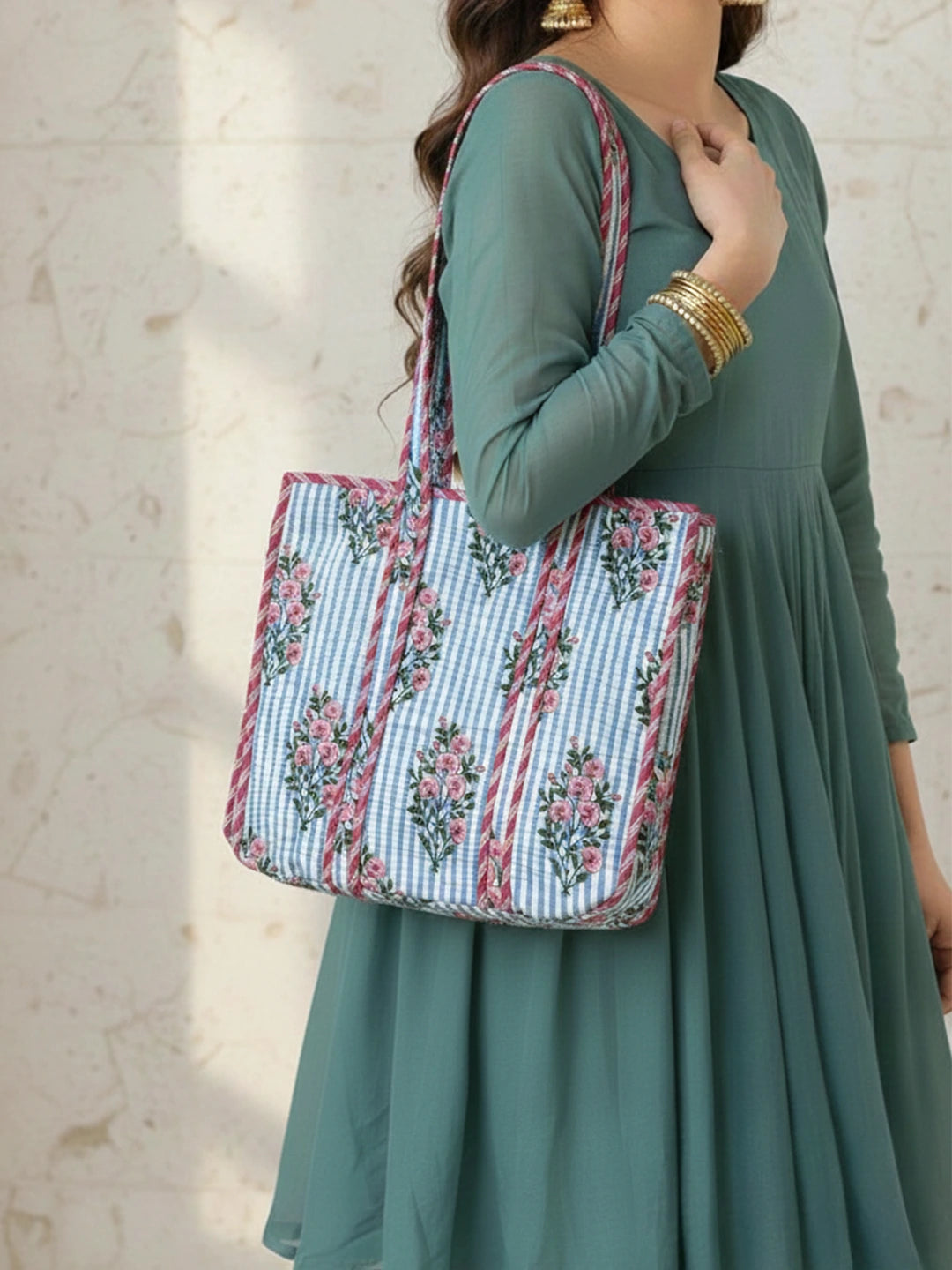 BownBee Pure Cotton Printed Quilted Tote For Women - Indigo