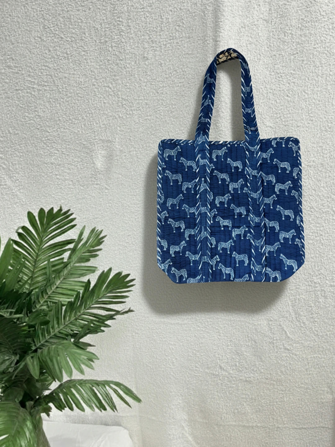 BownBee Pure Cotton Printed Quilted Tote For Women - Indigo