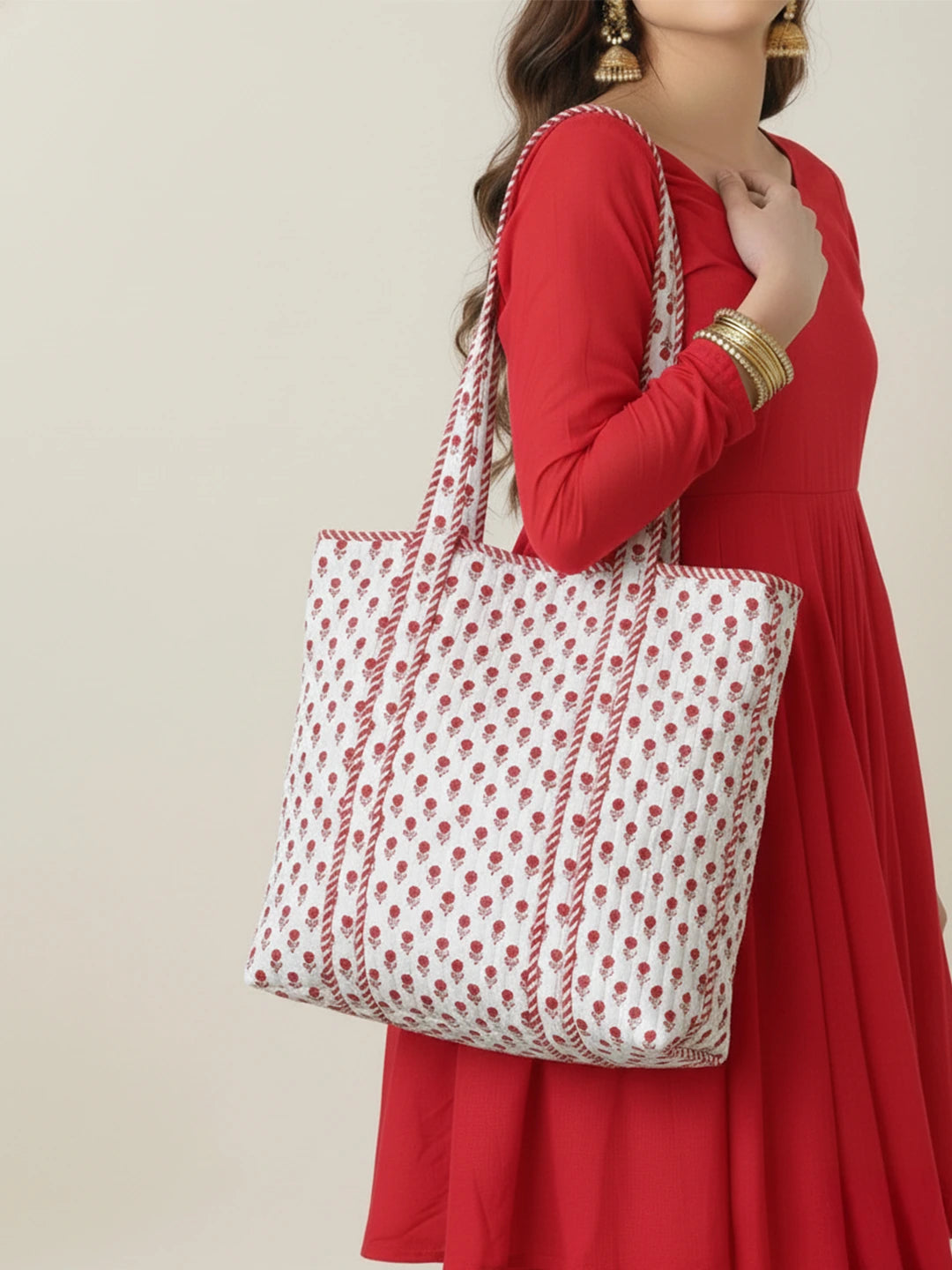 BownBee Pure Cotton Printed Quilted Tote For Women - Indigo