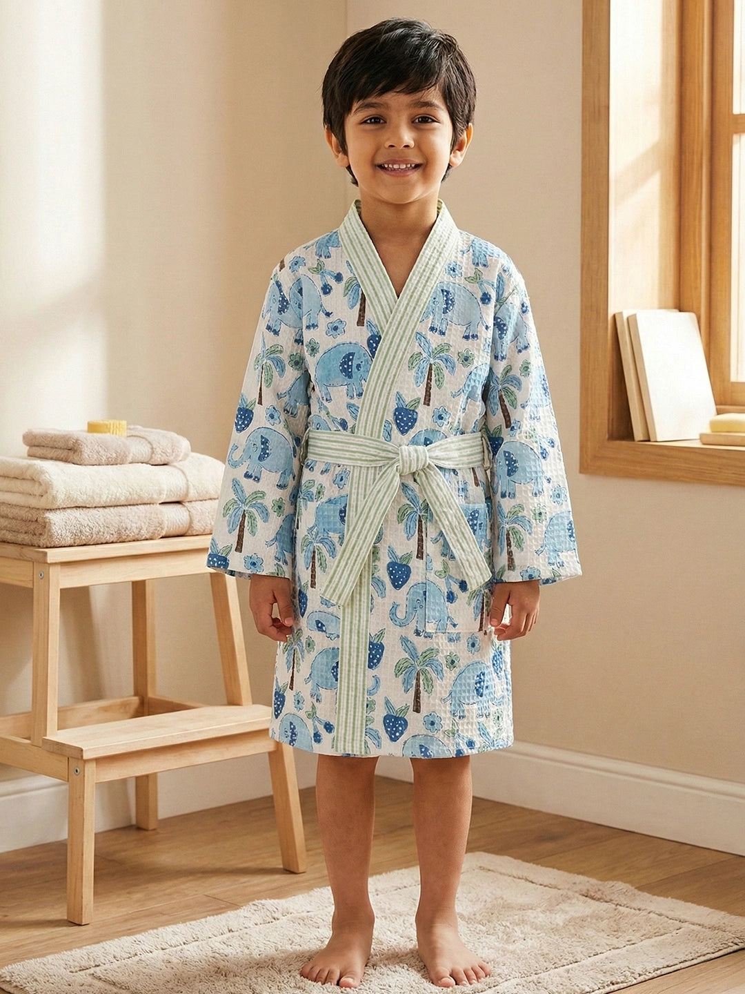 BownBee Pure Cotton Printed Bathrobe for Boys - White
