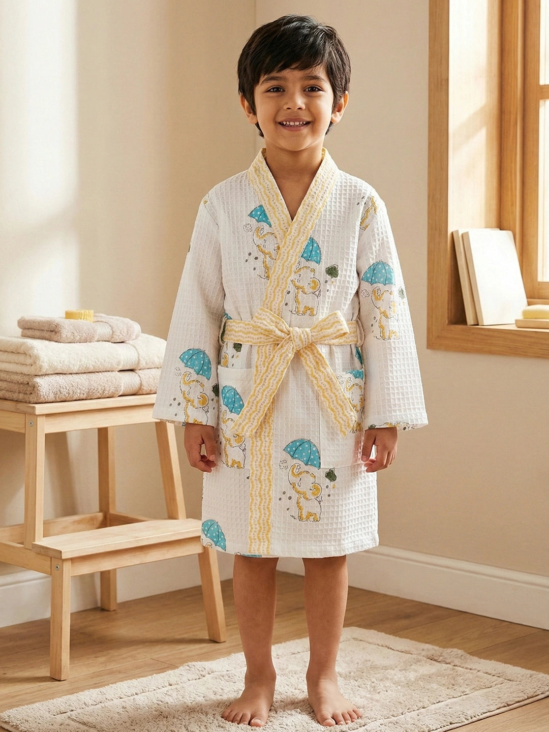 BownBee Pure Cotton Printed Bathrobe for Boys - White