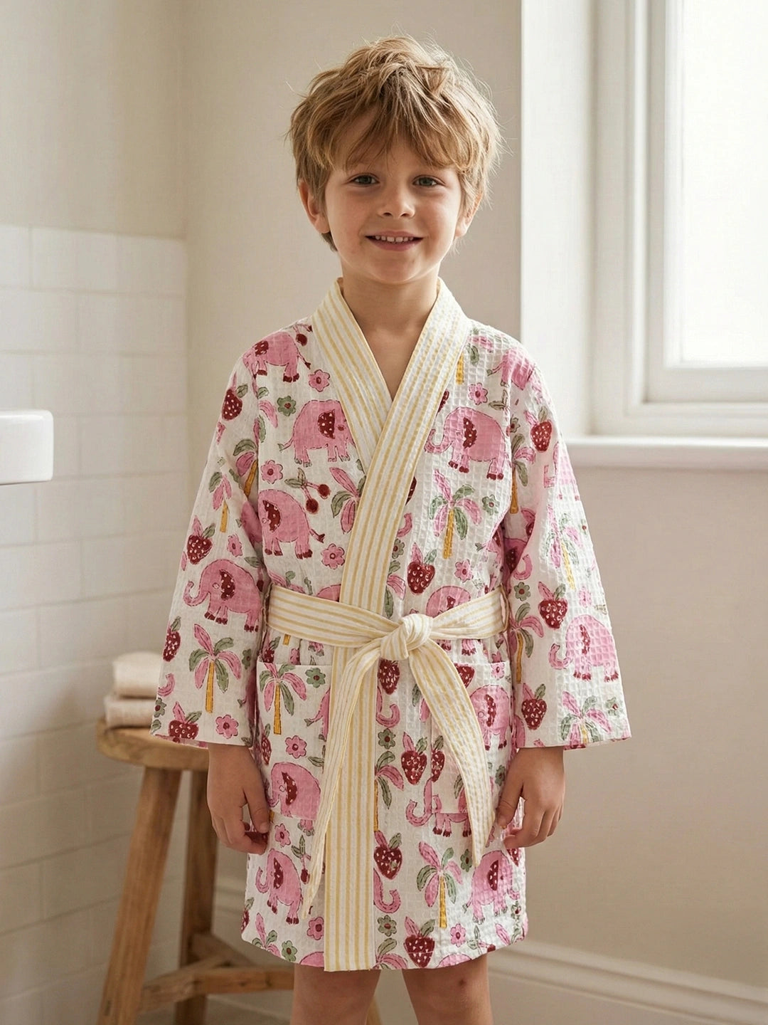 BownBee Pure Cotton Printed Bathrobe for Boys - White