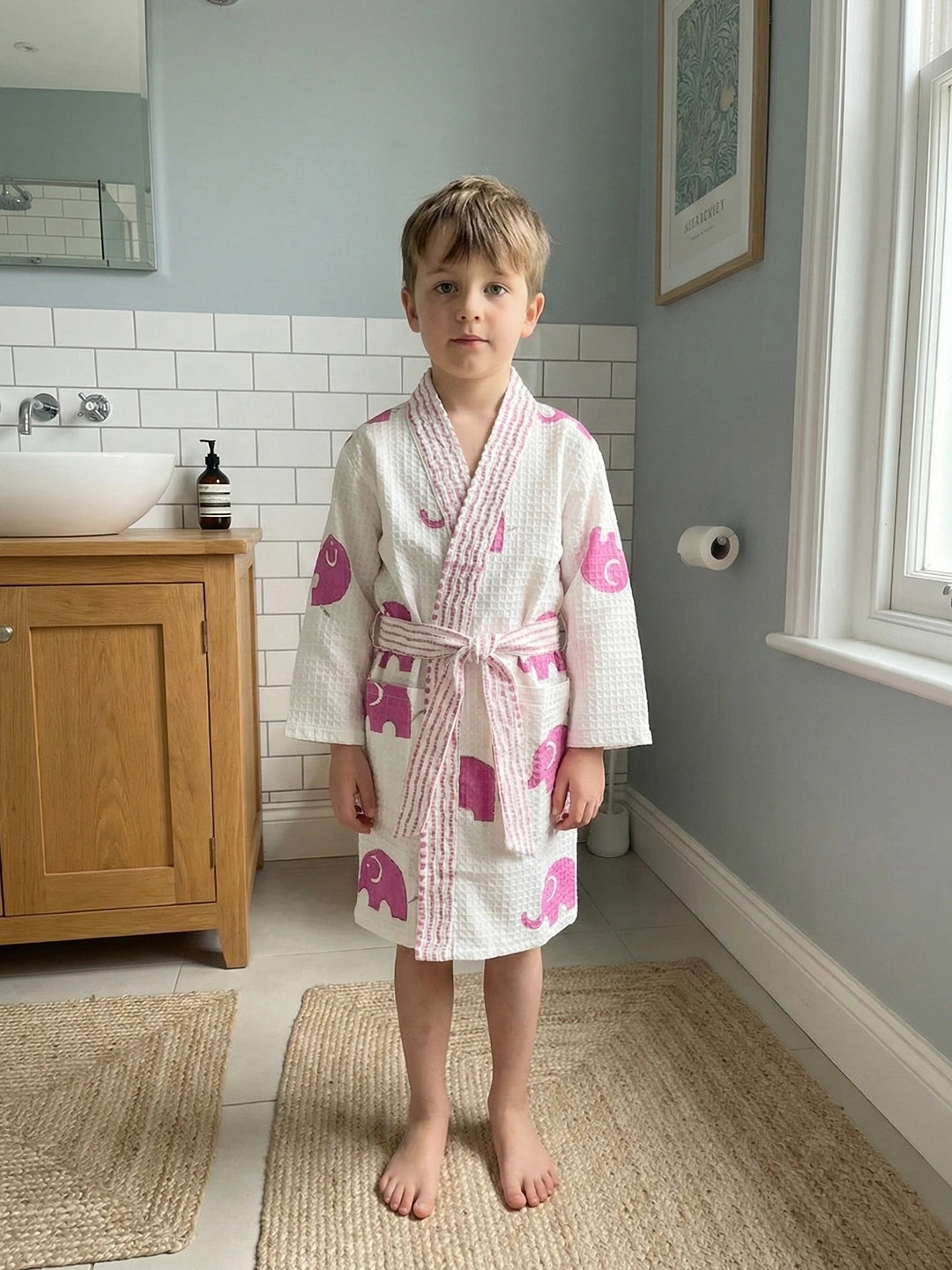 BownBee Pure Cotton Printed Bathrobe for Boys - White