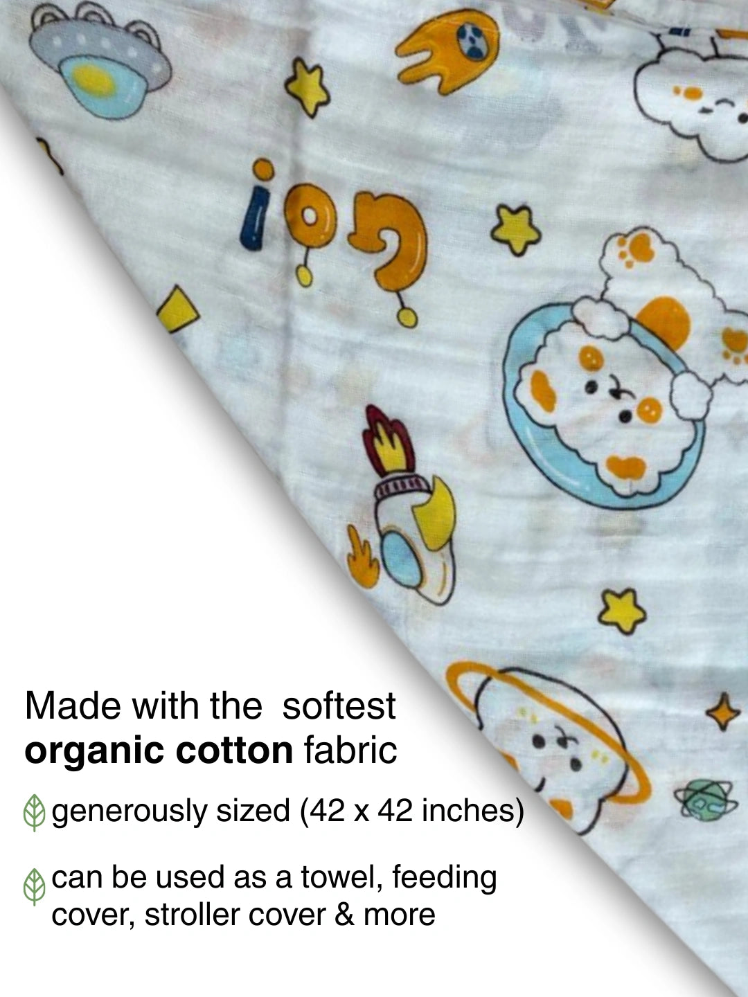 BownBee Organic Cotton Printed Swaddle Pack of 1  -White
