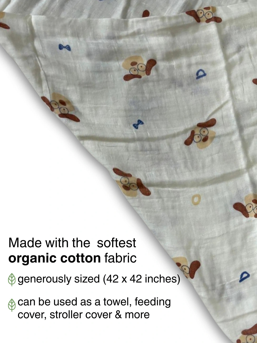 BownBee Organic Cotton Printed Swaddle Pack of 1  -White