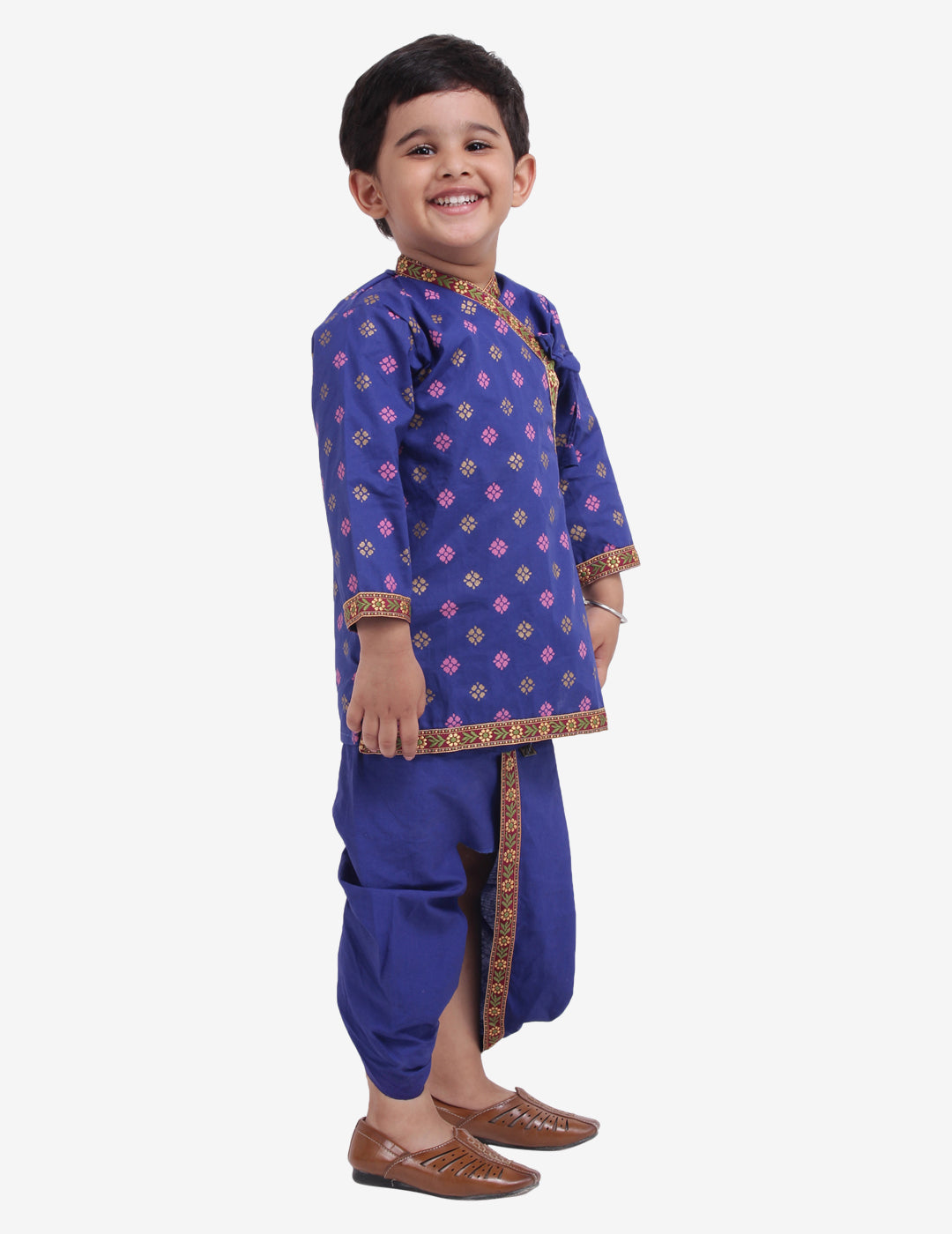 BownBee Full Sleeves Motif All Over Printed Kanhaiya Kurta With Trim Detail Dhoti Set