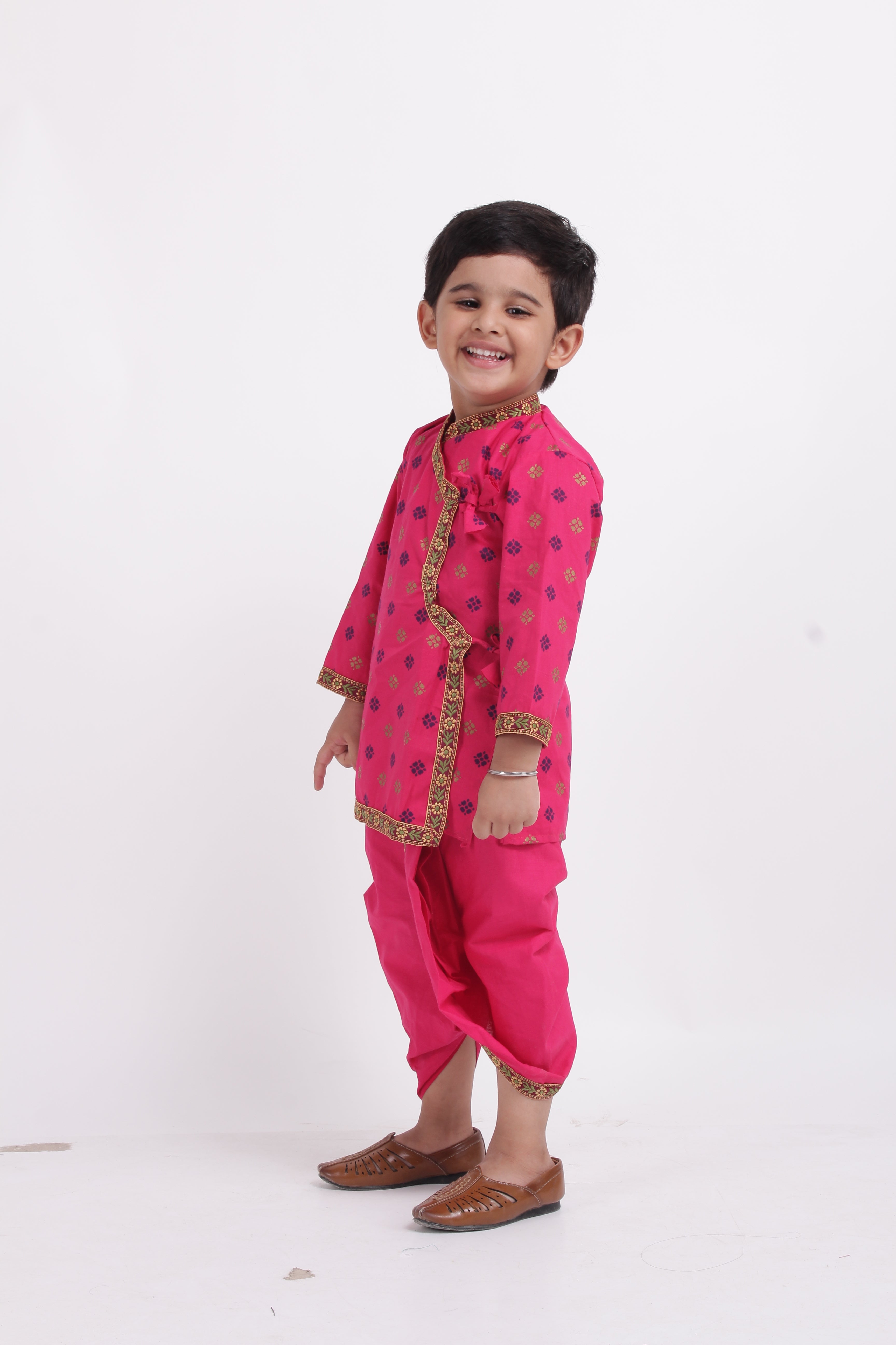 BownBee Full Sleeves Motif All Over Printed Kanhaiya Kurta With Trim Detail Dhoti Set