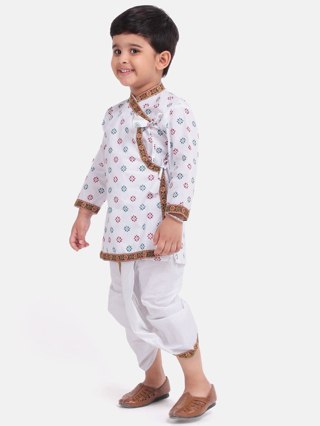 BownBee Full Sleeves Motif All Over Printed Kanhaiya Kurta With Trim Detail Dhoti Set