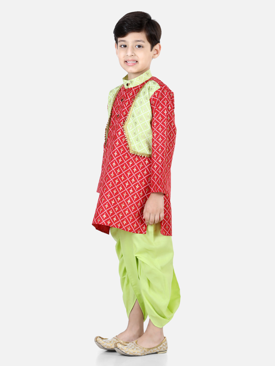 BownBee Sibling Set Foil Print Full Sleeve Cotton Dhoti Kurta- Maroon Printed Cotton Frill Sleeves Top Lehenga Dupatta for Girls- Pink