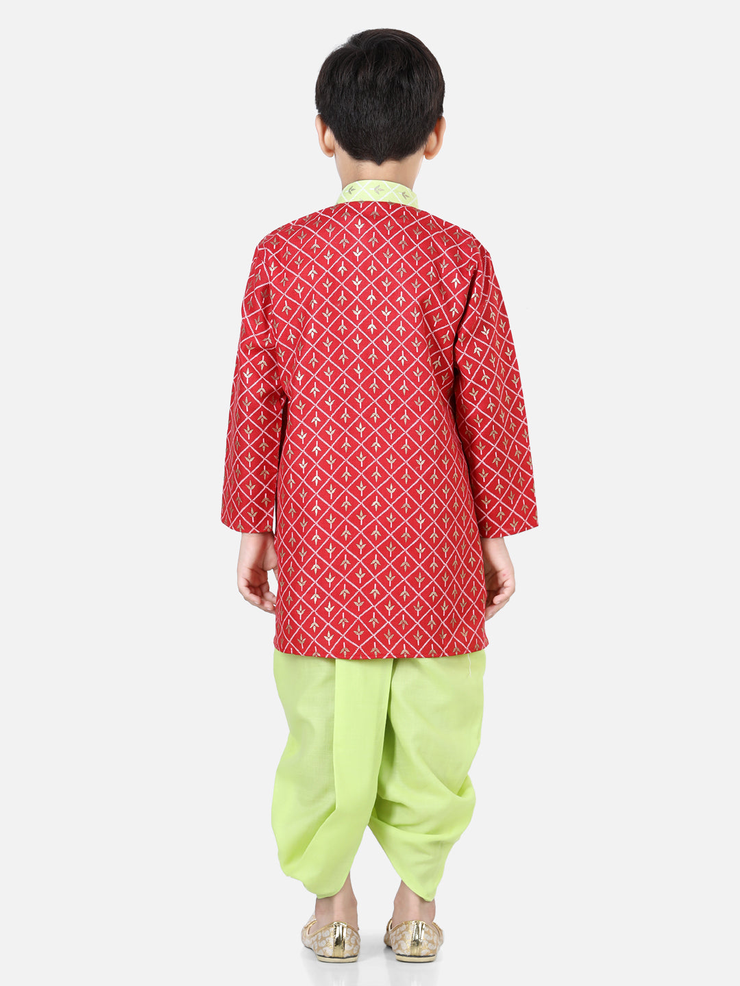 BownBee Sibling Set Foil Print Full Sleeve Cotton Dhoti Kurta- Maroon Printed Cotton Frill Sleeves Top Lehenga Dupatta for Girls- Pink