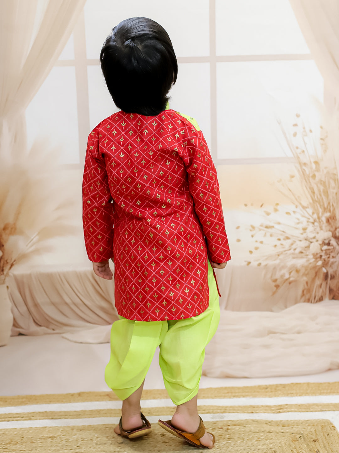 BownBee Cotton Foil Print Full Sleeve Cotton Dhoti Kurta - Maroon
