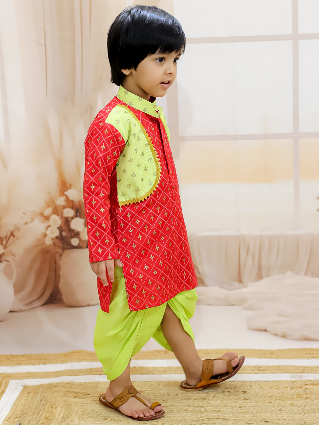 BownBee Cotton Foil Print Full Sleeve Cotton Dhoti Kurta - Maroon